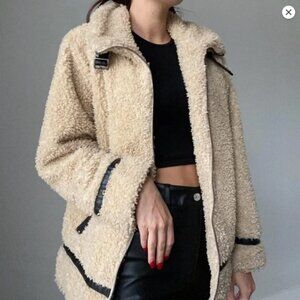 Madden Girl Teddy Motto Jacket Tan Sherp with Faux Leather Trim  Size S